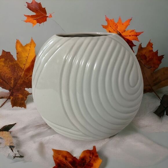 Art Deco Ikebana Vase Ceramic Round Swirled PALE Aqua Mid Century Geometric FLAW - Picture 1 of 16